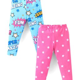 Babyhug Cotton Lycra Leggings With Stars & Text Print Pack Of 2 - Light Blue & Pink-image-67