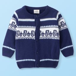 Doodle Poodle Knitted Full Sleeves Front Open Sweater with Jaquard Knit Design - Navy Blue-image-23