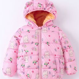 Kookie Kids Full Sleeves Padded Hooded Jacket with Bunny & Floral Print - Pink-image-19