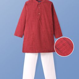 Pine Kids Cotton Woven Full Sleeves Solid Colour Kurta Pyjama Set - Maroon-image-41