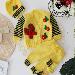 Woonie Full Sleeves Handknitted Bow Applique Detailed Sweater Set WithCap - Yellow-image-97