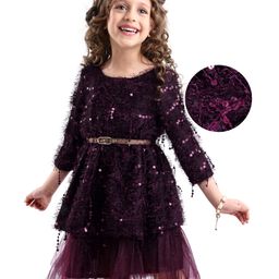 Hola Bonita Knit Full Sleeves Knee Length Fit And Flare Party Dress With Sequins & Fur Detailing - Wine-image-96