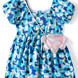 Babyhug Cotton KnitHalf Sleeves Floral Printed Frock with Sling Bag - Blue-image-8