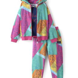 Pine Kids Disney Cotton Knit Full Sleeves Hooded Sweat Jacket with Joggers & Inner Set with Disney Princess Graphic - Purple & Turquoise-image-5