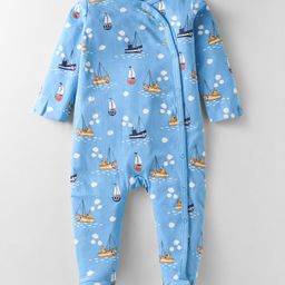 Babyhug Cotton Knit Full Sleeves Boat Printed Front Open Footed Sleep Suit - Light Blue-image-17