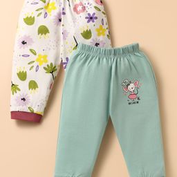 OHMS Single Jersey Knit Full Length Lounge Pant with Floral Print Pack of 2 - White & Mint-picture-25
