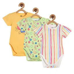 MINI KLUB Cotton Knit Half Sleeves Floral Printed & Striped Onesies - Multi Colour-picture-5