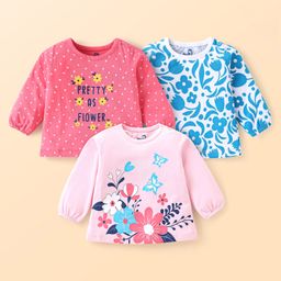 Doodle Poodle Single Jersey Knit Full Sleeves Tops with Floral Print Pack of 3 - White Light & Dark Pink-image-28