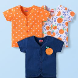 Babyhug Interlock Knit Half Sleeves Front Open Vests with Text Print & Polka Dots Pack of 3 - Orange Navy Blue & White-picture-18