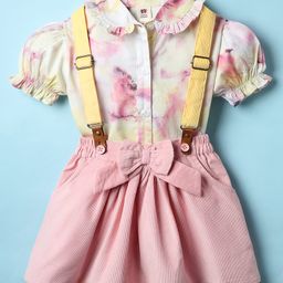 ToffyHouse Knitted Half Puffed Sleeves Printed Top & Skirt Set with Suspender & Bow Applique - Pink & Cream-image-14
