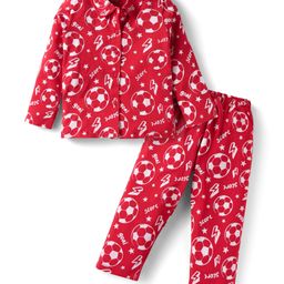 Doodle Poodle 100% Cotton Full Sleeves Front Open Co-ords Night Suit with Sports Print - Red-image-83