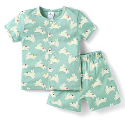 Ollypop Sinker Knit Half Sleeves Co-ords Shorts Night Suit with Bunny Print - Sea Green-image-96
