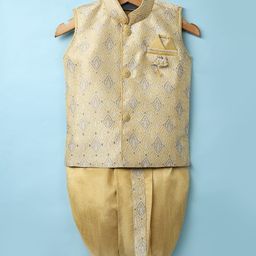 Dapper Dudes Sleeveless Ethnic Motifs Embroidered Coordinating Dhoti Kurta - Mustard-image-32