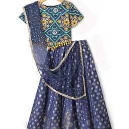 Pine Kids Woven Half Sleeves Floral Printed Choli Lehenga Set with Dupatta - Navy Blue-image-37