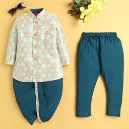 Jeet Ethnics Cotton Blend Full Sleeves Floral Printed & Threadwork Embroidered Kurta Dhoti & Pyjama Set - Blue-image-68