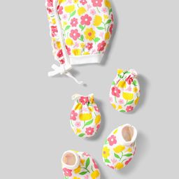 Babyhug 100% Cotton Knit Cap Mittens & Booties Set with Floral Print White - Circumference 30 cm-picture-3