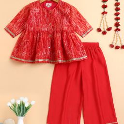 The Magic Wand Woven Three Fourth Sleeves Abstract Printed Top & Palazzo Set - Red-image-94