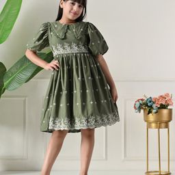 Bella Moda Cotton Woven Half Puffed Sleeves Floral Embroidered Dress - Light Green-picture-47