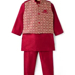 Ridokidz Full Sleeves Solid Kurta Pyjama With Leaves Embroidered Jacket Set - Maroon-picture-28