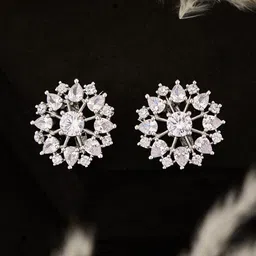 Atibelle Silver Plated & White Cubic Zirconia Stone Studded Floral shaped Studs Earrings-5