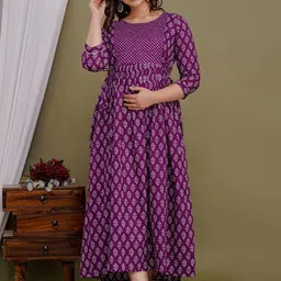 Aaysa Women Printed Pure Cotton Round Neck Maternity Ethnic Dresses-image-48