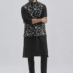 VASTRAMAY Mandarin Collar Straight Kurta with Trousers & Embroidered Nehru Jacket-picture-11