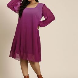 Qurvii+ Plus Size Colourblocked Bishop Sleeves Georgette A-Line Dress-53