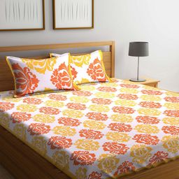 Rajasthan Decor White & Yellow Floral Flat 144 TC Cotton 1 King Bedsheet with 2 Pillow Covers-image-70