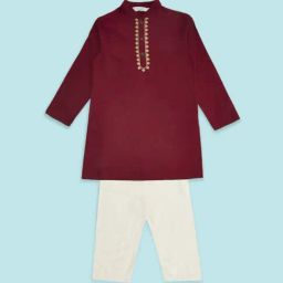 Indus Route by Pantaloons Kids Maroon & White Embroidered Full Sleeves Kurta Set-image-11