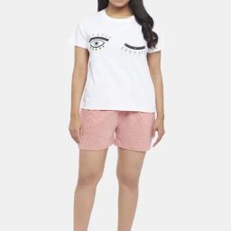People by Pantaloons Off-White & Peach Cotton Printed T-Shirt Shorts Set-picture-36