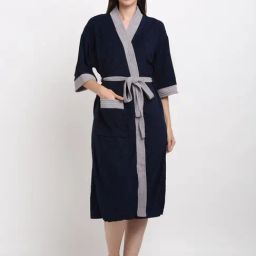 Creeva Everyday Navy & Grey 225 GSM Micro Terry Bathrobe with Front Pocket & Kimono Collar-61