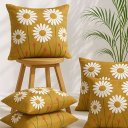 MFD HOME FURNISHING Camel Brown & White Set of 5 Floral Square Cushion Covers-picture-24