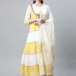 READIPRINT FASHIONS White & Yellow Cotton Embroidered A Line Kurta With Dupatta-picture-3