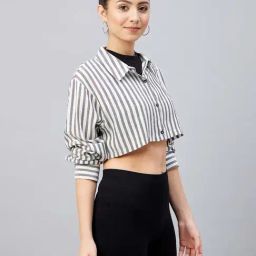 Chimpanzee Grey & White Striped Cropped Shirt-image-47