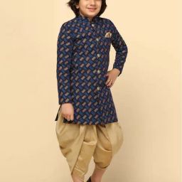 KISAH Kids Blue & Golden Cotton Printed Full Sleeves Sherwani Set-image-3