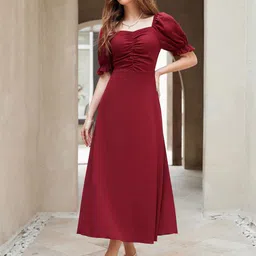 Sugathari Women Puff Sleeve A-Line Midi Dress-image-84