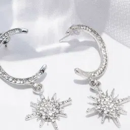 Joker & Witch Silver Constellation- Star & Moon Hug Drop Earrings-image-1