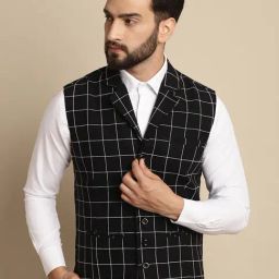 Even Black Regular Fit Notch Lapel Check Waistcoat-image-94