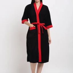 Creeva Everyday Black & Red 225 GSM Micro Terry Bathrobe with Front Pocket & Kimono Collar-84