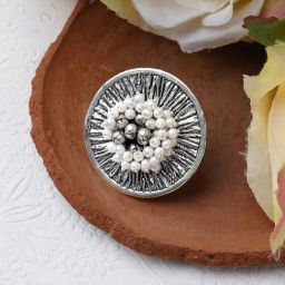 Teejh Ethnic Aaratrika Pearl Silver Oxidized Rings for Women-38