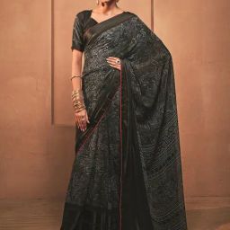 Satrani Black Printed Saree With Unstitched Blouse-picture-23