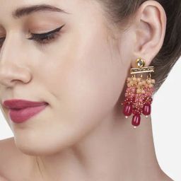 Zaveri Pearls Pink Cluster Beads Kundan Drop Earrings-ZPFK13728-29