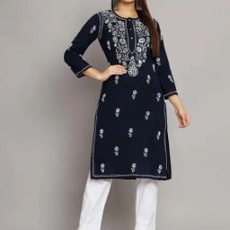 PARAMOUNT CHIKAN Navy Cotton Embroidered Straight Kurta-picture-25