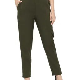 Smarty Pants Olive Cotton Lycra Straight Fit High Rise Trousers-image-25