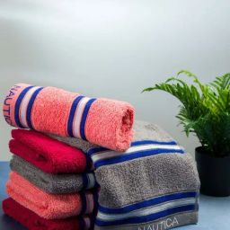 Nautica Vintage Crew Stripe Grey, Coral & Burgundy Cotton 500 GSM Hand Towel - Set of 6-46
