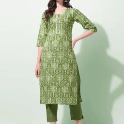 MIRCHI FASHION Olive Green Cotton Embroidered Straight Kurta-image-48