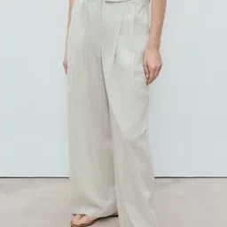 MANGO Women Self-Striped Cotton Linen Pleated Trousers-image-99