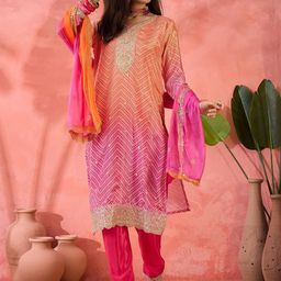 MANVAA Bandhani Embroidered Notch Neck Sequinned Straight Kurta With Trousers & Dupatta-image-77
