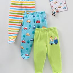 Babyhug Cotton Knit Striped and Car Print Bottie Leggings - Multicolour-picture-14