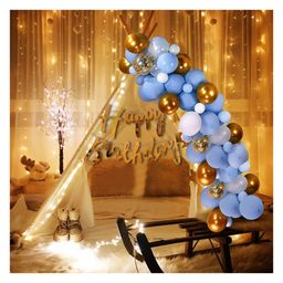Puchku Decoration Items For Birthday 26Pcs Combo With White Net Led Fairy Lights And Blue White Golden Balloons-1